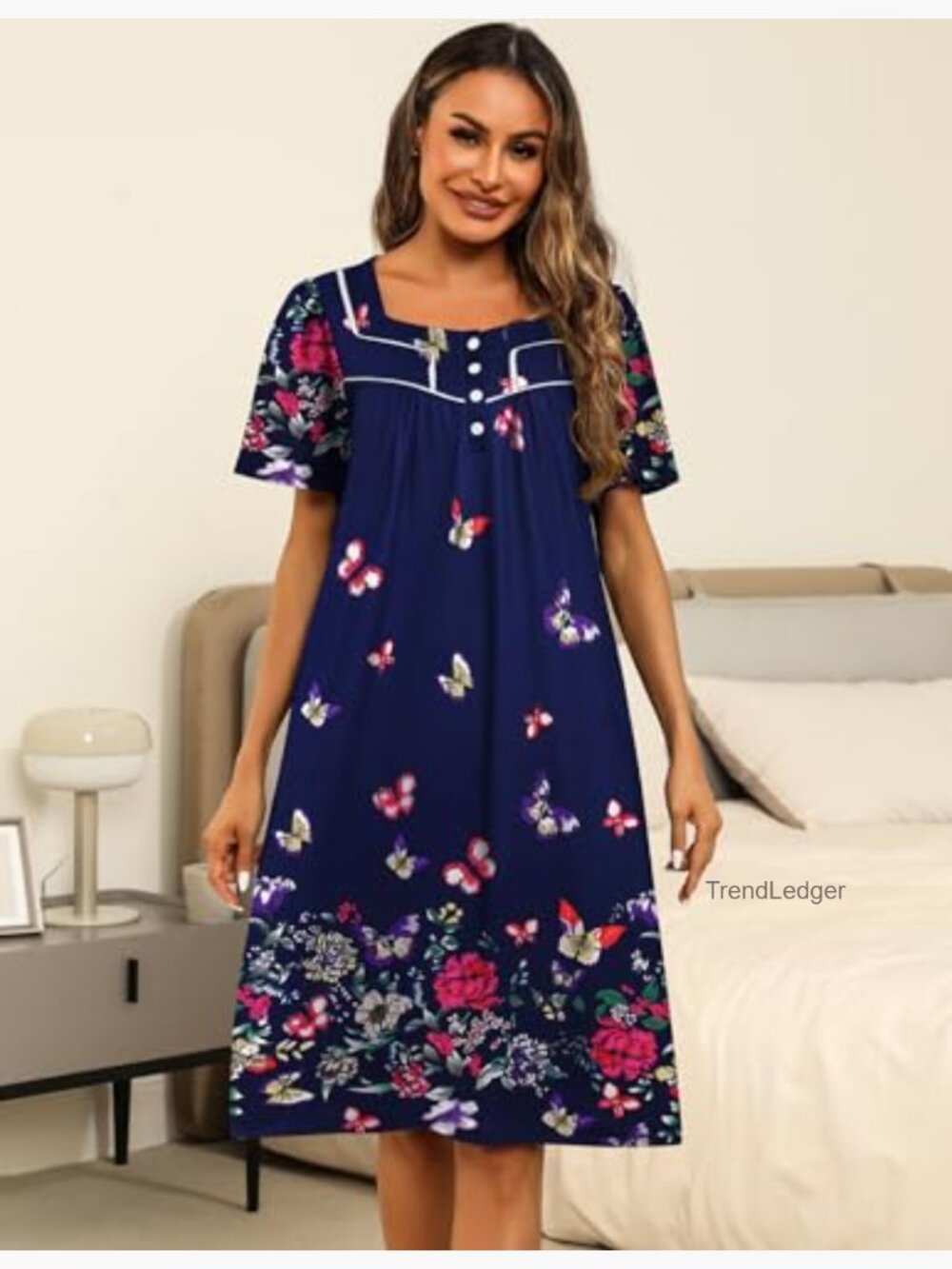 Women's House Dress with Pockets Short Sleeve Nightgown Lounge Dress - Picture 2 of 7